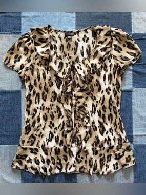 Leopard Print Ruffled Blouse East 5th Button Up Tan Black Size Petite S